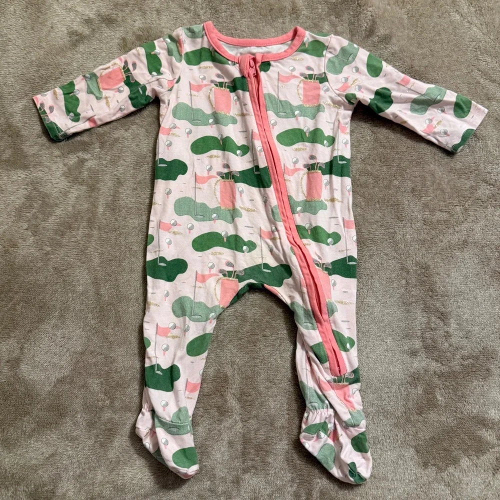 Mud Pie Baby Girl Golf Print Bamboo Viscose Footed Sleeper Pink Green 0-3 Months
